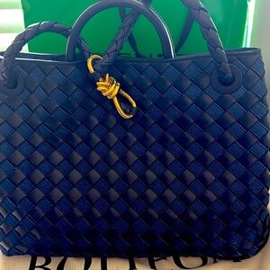 Bottega Veneta Andiamo Intrecciato Navy Blue Shoulder Bag
